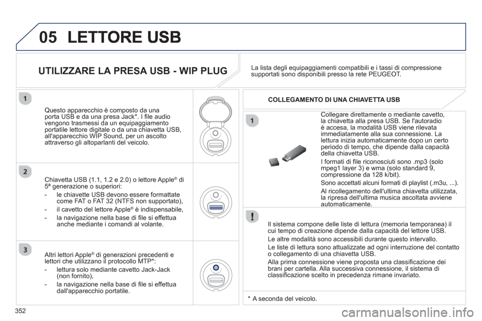 Peugeot 308 SW BL 2013  Manuale del proprietario (in Italian) 352
05
   
Il sistema compone delle liste di lettura (memoria temporanea) ilcui tempo di creazione dipende dalla capacità del lettore USB. 
  Le altre modalità sono accessibili durante questo interv