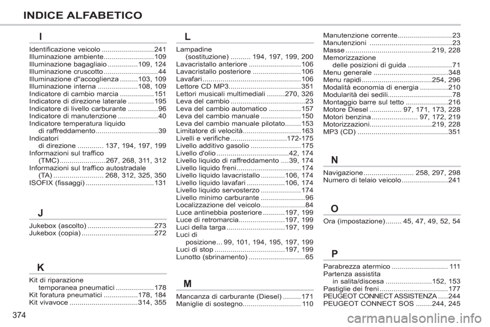 Peugeot 308 SW BL 2013  Manuale del proprietario (in Italian) 374
INDICE ALFABETICO
Parabrezza atermico ............................111Partenza assistitain salita/discesa .......................152, 153Pastiglie dei freni ..................................177PEU
