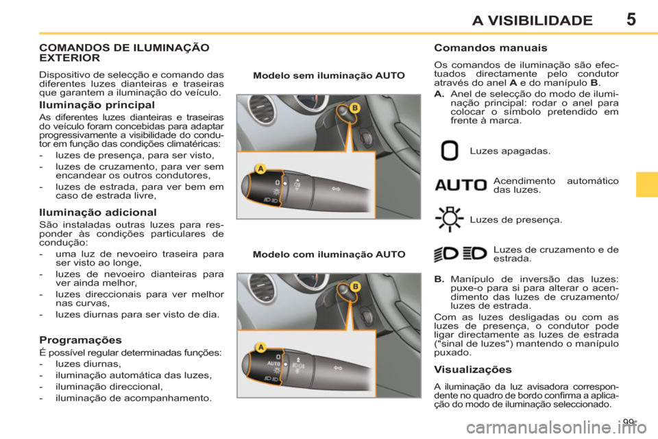Peugeot 308 SW BL 2013  Manual do proprietário (in Portuguese) 5
99
A VISIBILIDADE
COMANDOS DE ILUMINAÇÃO EXTERIOR
  Dispositivo de selecção e comando das 
diferentes luzes dianteiras e traseiras 
que garantem a iluminação do veículo. 
   
Iluminação pri