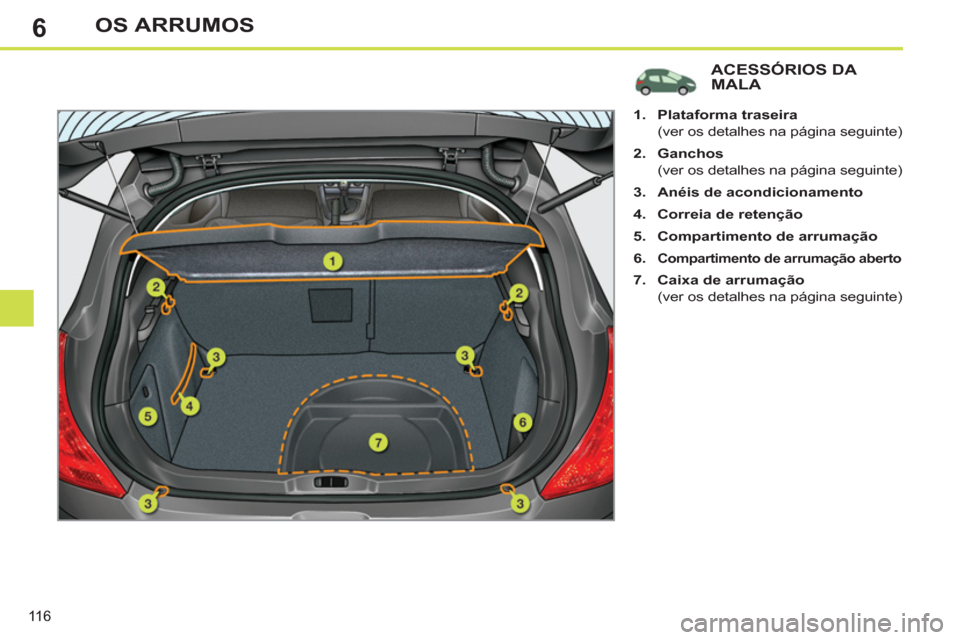 Peugeot 308 SW BL 2013  Manual do proprietário (in Portuguese) 6
116
OS ARRUMOS
ACESSÓRIOS DA MALA
   
 
 
1. 
  Plataforma traseira 
   
  (ver os detalhes na página seguinte) 
   
2. 
  Ganchos 
   
  (ver os detalhes na página seguinte) 
   
3. 
  Anéis de