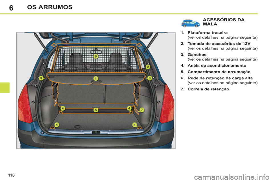 Peugeot 308 SW BL 2013  Manual do proprietário (in Portuguese) 6
118
OS ARRUMOS
ACESSÓRIOS DA MALA 
   
 
1. 
  Plataforma traseira 
   
  (ver os detalhes na página seguinte) 
   
2. 
  Tomada de acessórios de 12V 
   
  (ver os detalhes na página seguinte) 