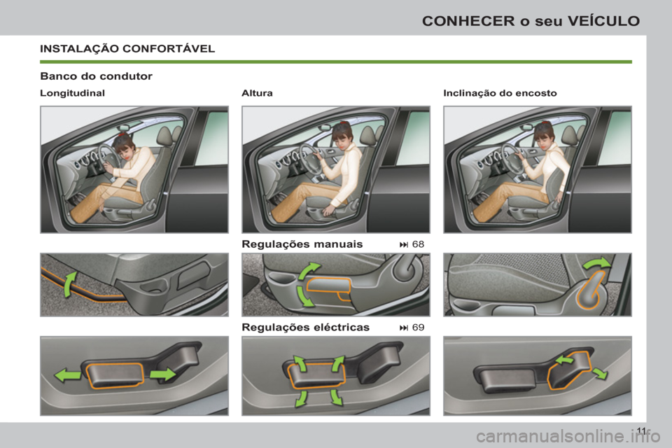 Peugeot 308 SW BL 2013  Manual do proprietário (in Portuguese) 11
CONHECER o seu VEÍCULO
  INSTALAÇÃO CONFORTÁVEL 
   
Banco do condutor 
   
Regulações manuais 
   
Regulações eléctricas 
 
 
Longitudinal  
   
 
� 
 68  
 
   
 
� 
 69     
Inclinaç