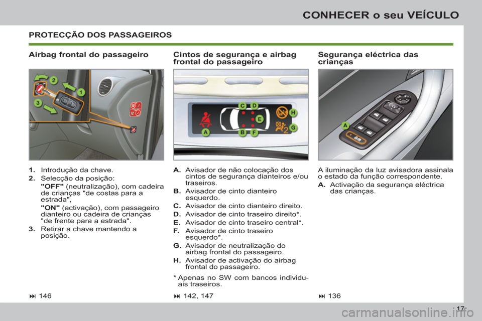 Peugeot 308 SW BL 2013 Manual do proprietário (in Portuguese) 17
CONHECER o seu VEÍCULO
PROTECÇÃO DOS PASSAGEIROS
Airbag frontal do passageiro
Segurança eléctrica das
crianças
1.
Introdução da chave.
2.
Selecção da posiçã Peugeot 308 SW BL 2013 Manual do proprietário (in Portuguese) 17
CONHECER o seu VEÍCULO
PROTECÇÃO DOS PASSAGEIROS
Airbag frontal do passageiro
Segurança eléctrica das
crianças
1.
Introdução da chave.
2.
Selecção da posiçã