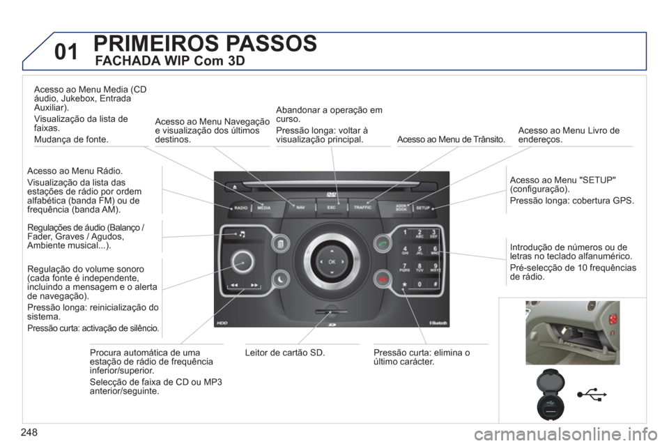 Peugeot 308 SW BL 2013  Manual do proprietário (in Portuguese) 248
01PRIMEIROS PASSOS 
   
FACHADA WIP Com 3D 
 
 Acesso ao Menu Rádio. 
  Visualização da lista das
estações de rádio por ordem
alfabética (banda FM) ou de 
frequência (banda AM).    
Acesso