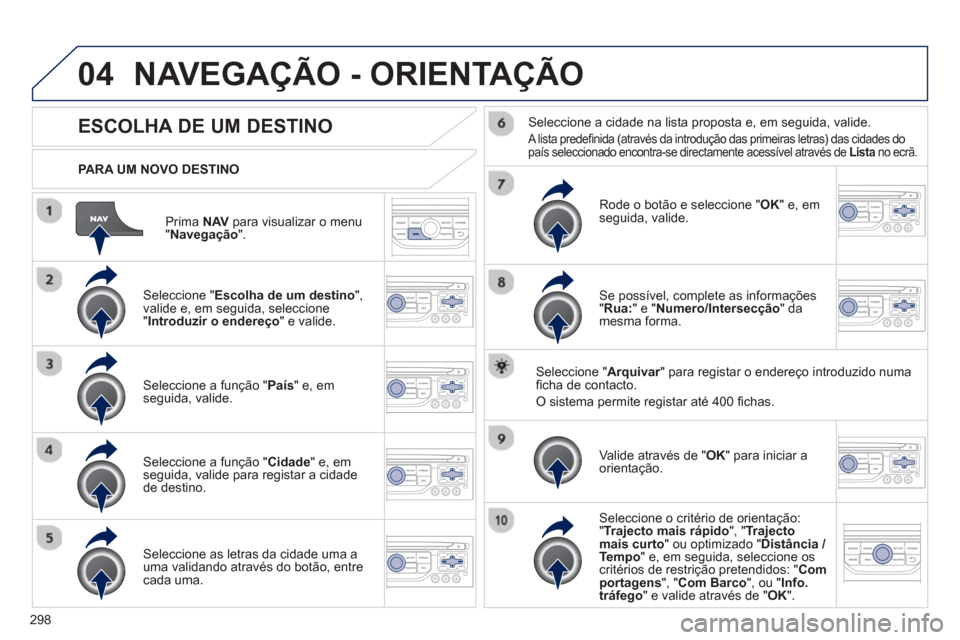 Peugeot 308 SW BL 2013  Manual do proprietário (in Portuguese) 298
04
Prima  NAVpara visualizar o menu"Navegação".
   
PARA UM NOVO DESTINO  
NAVEGAÇÃO - ORIENTAÇÃO
ESCOLHA DE UM DESTINO
 
 Seleccione "Escolha de um destino 
", 
valide e, em seguida, selecc