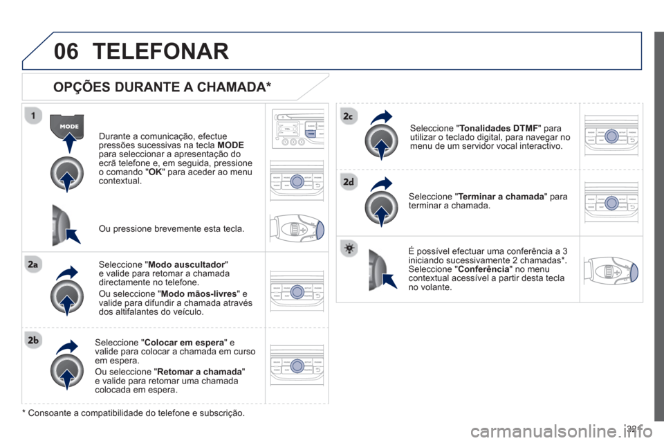 Peugeot 308 SW BL 2013  Manual do proprietário (in Portuguese) 321
06TELEFONAR
   
OPÇÕES DURANTE A CHAMADA *  
Durante a comunicação, efectue pressões sucessivas na tecla MODEpara seleccionar a apresentação do ecrã telefone e, em seguida, pressioneo coma