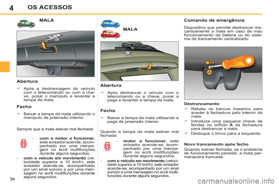 Peugeot 308 SW BL 2013  Manual do proprietário (in Portuguese) 4
94
OS ACESSOS
MALA
   
Abertura 
 
 
 
�) 
  Após destrancar o veículo com o 
telecomando ou a chave, puxar a 
pega e levantar a tampa da mala.  
 
 
 
Fecho 
 
 
 
�) 
  Baixar a tampa da mala ut