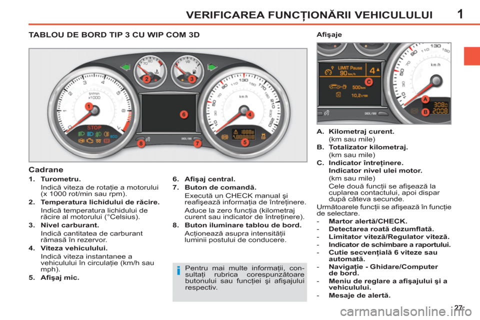 Peugeot 308 SW BL 2013 Manualul de utilizare (in Romanian) 1VERIFICAREA FUNCŢIONĂRII VEHICULULUI
TABLOU DE BORD TIP 3 CU WIP COM 3D
1.
Turometru.
Indică viteza de rotaţie a motorului
(x 1000 rot/min sau rpm).
Peugeot 308 SW BL 2013 Manualul de utilizare (in Romanian) 1VERIFICAREA FUNCŢIONĂRII VEHICULULUI
TABLOU DE BORD TIP 3 CU WIP COM 3D
1.
Turometru.
Indică viteza de rotaţie a motorului
(x 1000 rot/min sau rpm).