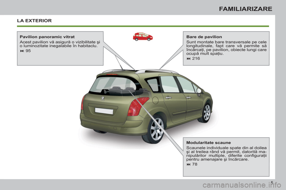 Peugeot 308 SW BL 2013  Manualul de utilizare (in Romanian) 5
FAMILIARIZARE
  LA EXTERIOR  
 
 
Bare de pavilion 
  Sunt montate bare transversale pe cele 
longitudinale, fapt care vă permite să 
încărcaţi, pe pavilion, obiecte lungi care 
ocupă mult spa