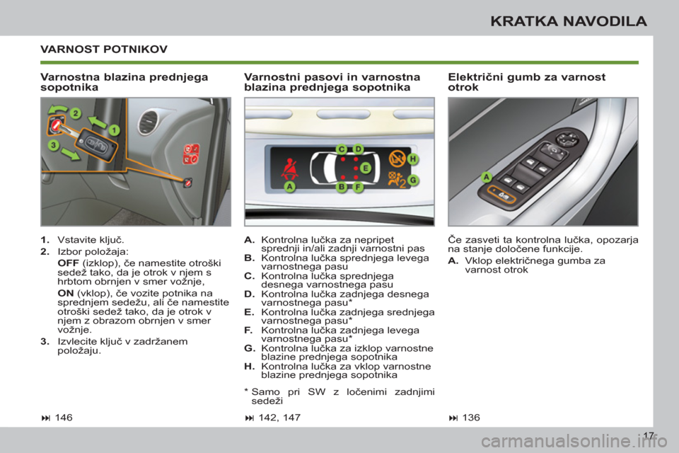 Peugeot 308 SW BL 2013 Priročnik za lastnika (in Slovenian) 17
KRATKA NAVODILA
VARNOST POTNIKOV
Varnostna blazina prednjega
sopotnika
Električni gumb za varnost
otrok
1.
Vstavite ključ.
2.
Izbor položaja:
OFF
(izklop), če Peugeot 308 SW BL 2013 Priročnik za lastnika (in Slovenian) 17
KRATKA NAVODILA
VARNOST POTNIKOV
Varnostna blazina prednjega
sopotnika
Električni gumb za varnost
otrok
1.
Vstavite ključ.
2.
Izbor položaja:
OFF
(izklop), če
