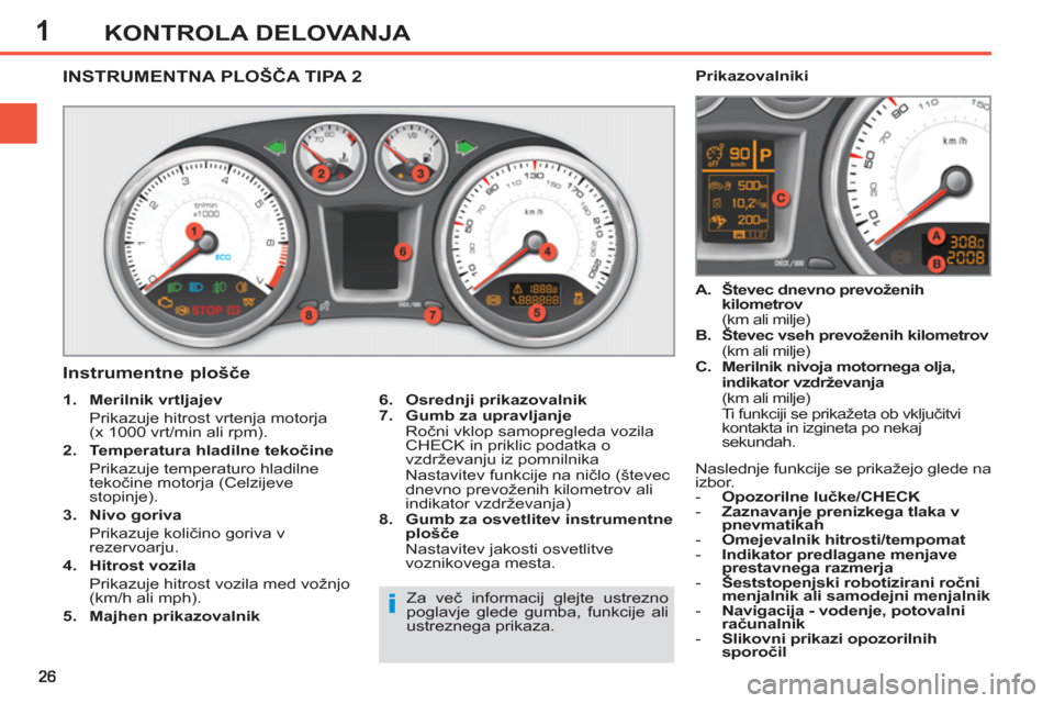 Peugeot 308 SW BL 2013 Priročnik za lastnika (in Slovenian) 1KONTROLA DELOVANJA
INSTRUMENTNA PLOŠČA TIPA 2
Instrumentne plošče
6.
Osrednji prikazovalnik
7.
Gumb za upravljanje
Ročni vklop samopregleda Peugeot 308 SW BL 2013 Priročnik za lastnika (in Slovenian) 1KONTROLA DELOVANJA
INSTRUMENTNA PLOŠČA TIPA 2
Instrumentne plošče
6.
Osrednji prikazovalnik
7.
Gumb za upravljanje
Ročni vklop samopregleda