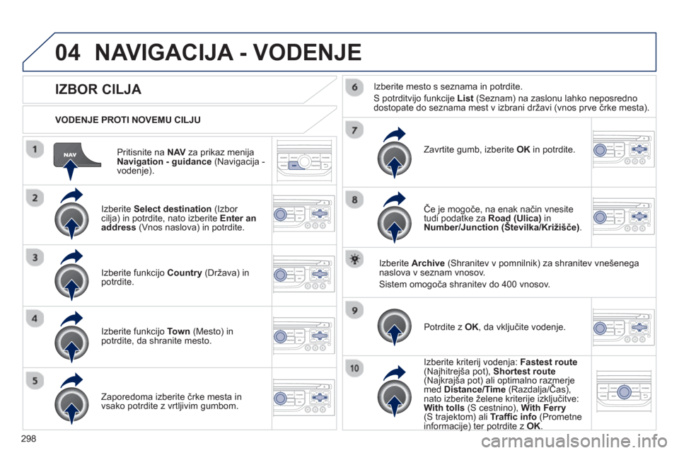 Peugeot 308 SW BL 2013 Priročnik za lastnika (in Slovenian) 298
04
Pritisnite na NAVza prikaz menija
Navigation - guidance(Navigacija -
vodenje).
VODENJE PROTI NOVEMU CILJU
NAVIGACIJA - VODENJE
IZBOR CILJA
Izberite Select destination(Izbor cilja Peugeot 308 SW BL 2013 Priročnik za lastnika (in Slovenian) 298
04
Pritisnite na NAVza prikaz menija
Navigation - guidance(Navigacija -
vodenje).
VODENJE PROTI NOVEMU CILJU
NAVIGACIJA - VODENJE
IZBOR CILJA
Izberite Select destination(Izbor cilja