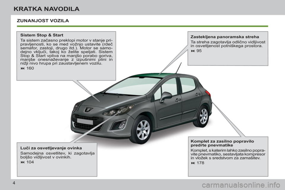 Peugeot 308 SW BL 2013  Priročnik za lastnika (in Slovenian) 4
KRATKA NAVODILA
  ZUNANJOST VOZILA 
 
 
 
Sistem Stop & Start 
  Ta sistem začasno preklopi motor v stanje pri-
pravljenosti, ko se med vožnjo ustavite (rdeč 
semafor, zastoji, drugo itd.). Motor