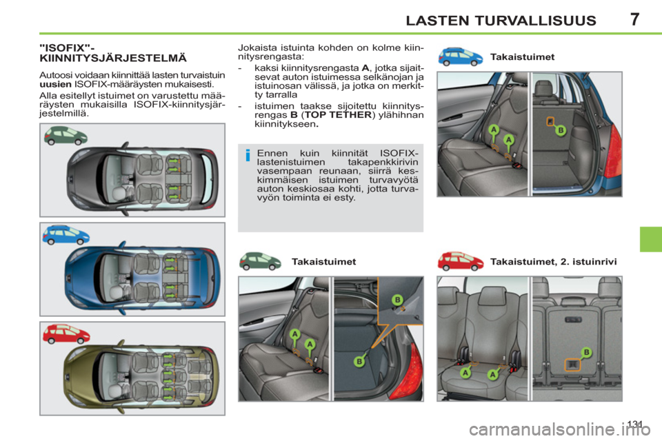 Peugeot 308 SW BL 2013  Omistajan käsikirja (in Finnish) 7
131
LASTEN TURVALLISUUS
"ISOFIX"-KIINNITYSJÄRJESTELMÄ
  Autoosi voidaan kiinnittää lasten turvaistuin 
  uusien 
 ISOFIX-määräysten mukaisesti. 
  Alla esitellyt istuimet on varustettu mää-