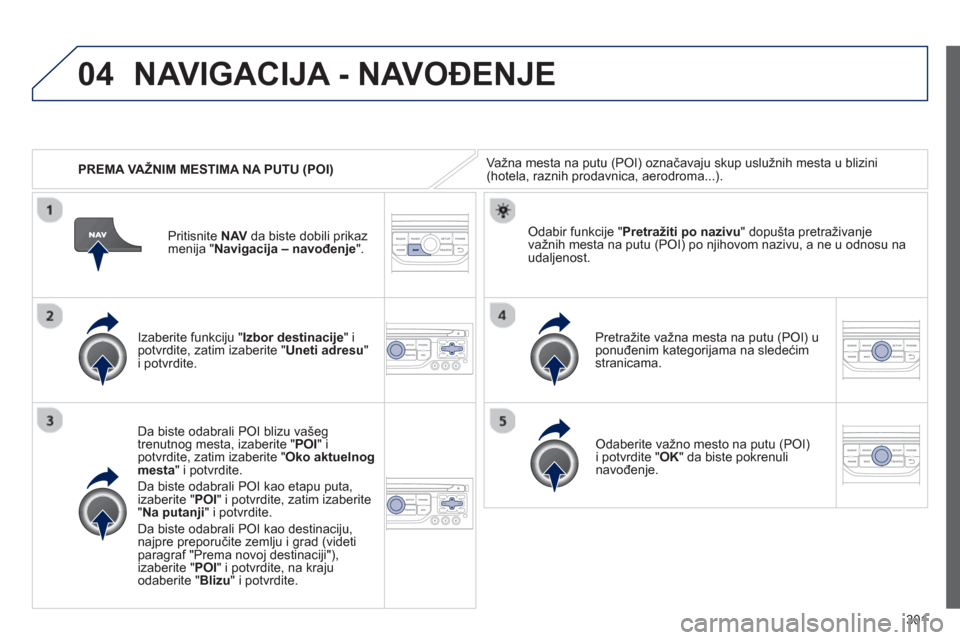 Peugeot 308 SW BL 2013  Упутство за употребу (in Serbian) 301
04
   
 
PREMA VAŽNIM MESTIMA NA PUTU (POI)
NAVIGACIJA - NAVOĐENJE 
Važna mesta na putu (POI) označavaju skup uslužnih mesta u blizini(hotela, raznih prodavnica, aerodroma...).  
   
Izaberit