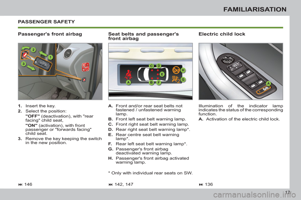 Peugeot 308 SW BL 2012.5  Owners Manual - RHD (UK. Australia) 17
FAMILIARISATION
  PASSENGER SAFETY 
   
Passengers front airbag    
Electric child lock 
 
 
 
1. 
  Insert the key. 
   
2. 
  Select the position:  
  "OFF" 
 (deactivation), with "rear 
facing"