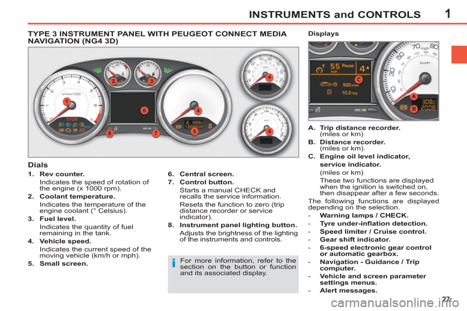 Peugeot 308 SW BL 2012.5 Owners Manual - RHD (UK. Australia) 1INSTRUMENTS and CONTROLS
TYPE 3 INSTRUMENT PANEL WITH PEUGEOT CONNECT MEDIA
NAVIGATION (NG4 3D)
1.
Rev counter.
Indicates the speed of rotation of
the eng Peugeot 308 SW BL 2012.5 Owners Manual - RHD (UK. Australia) 1INSTRUMENTS and CONTROLS
TYPE 3 INSTRUMENT PANEL WITH PEUGEOT CONNECT MEDIA
NAVIGATION (NG4 3D)
1.
Rev counter.
Indicates the speed of rotation of
the eng
