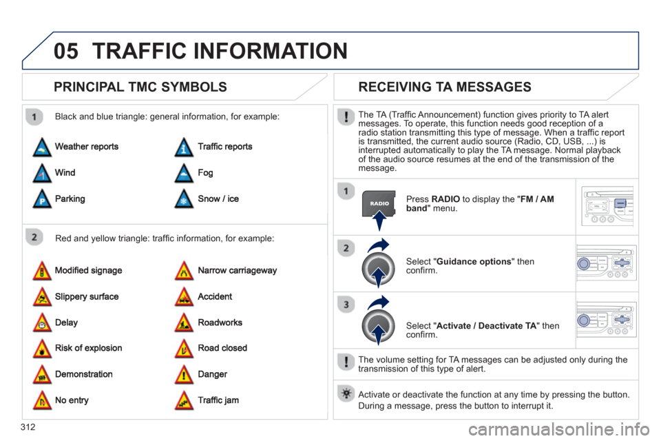 Peugeot 308 SW BL 2012.5  Owners Manual - RHD (UK. Australia) 312
05TRAFFIC INFORMATION
PRINCIPAL TMC SYMBOLS 
   
Red and yellow triangle: trafﬁ c information, for example:     
Black and blue trian
gle: general information, for example: 
RECEIVING TA MESSAGE