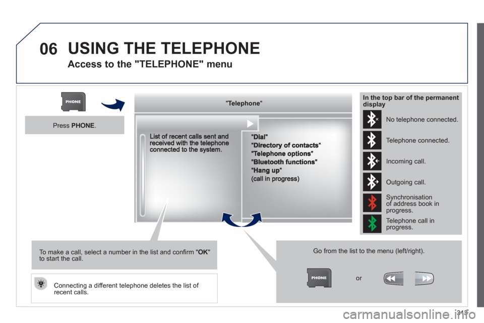 Peugeot 308 SW BL 2012.5  Owners Manual - RHD (UK. Australia) 313
06  USING THE TELEPHONE
 
 
Access to the "TELEPHONE" menu 
"""""""ppppeepoeTelephoneTelephoneTelephoneTelephoneTelephoneTelephoneTelephoneTelephoneTelephoneTelephoneTelephoneTelephoneTelephoneTel