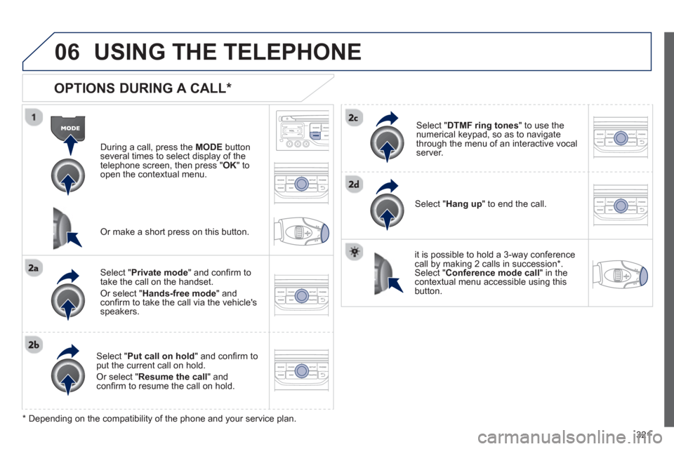 Peugeot 308 SW BL 2012.5  Owners Manual - RHD (UK. Australia) 321
06USING THE TELEPHONE
   
OPTIONS DURING A CALL *  
During a call, press the  MODE 
 button 
several times to select display of the
telephone screen, then press "  OK " to 
open the contextual men