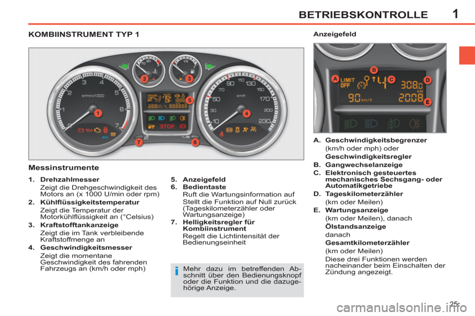Peugeot 308 SW BL 2012.5 Betriebsanleitung (in German) 1
25
BETRIEBSKONTROLLE
KOMBIINSTRUMENT TYP 1
Messinstrumente
5.
Anzeigefeld
6.
Bedientaste
Ruft die Wartungsinformation auf
Stellt die Funktion auf Null zurück
(Tage Peugeot 308 SW BL 2012.5 Betriebsanleitung (in German) 1
25
BETRIEBSKONTROLLE
KOMBIINSTRUMENT TYP 1
Messinstrumente
5.
Anzeigefeld
6.
Bedientaste
Ruft die Wartungsinformation auf
Stellt die Funktion auf Null zurück
(Tage