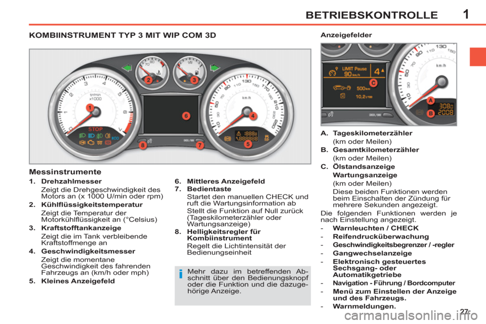 Peugeot 308 SW BL 2012.5 Betriebsanleitung (in German) 1BETRIEBSKONTROLLE
KOMBIINSTRUMENT TYP 3 MIT WIP COM 3D
1.
Drehzahlmesser
Zeigt die Drehgeschwindigkeit des
Motors an (x 1000 U/min oder rpm)
2.
Küh Peugeot 308 SW BL 2012.5 Betriebsanleitung (in German) 1BETRIEBSKONTROLLE
KOMBIINSTRUMENT TYP 3 MIT WIP COM 3D
1.
Drehzahlmesser
Zeigt die Drehgeschwindigkeit des
Motors an (x 1000 U/min oder rpm)
2.
Küh