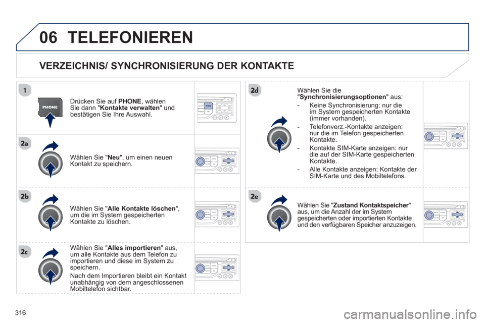 Peugeot 308 SW BL 2012.5 Betriebsanleitung (in German) 316
06TELEFONIEREN
VERZEICHNIS/ SYNCHRONISIERUNG DER KONTAKTE
Drücken Sie auf PHONE, wählenSie dann " Kontakte verwalten" undbestätigen Sie Ihre Auswahl.
Wählen
Sie "Neu", um einen n Peugeot 308 SW BL 2012.5 Betriebsanleitung (in German) 316
06TELEFONIEREN
VERZEICHNIS/ SYNCHRONISIERUNG DER KONTAKTE
Drücken Sie auf PHONE, wählenSie dann " Kontakte verwalten" undbestätigen Sie Ihre Auswahl.
Wählen
Sie "Neu", um einen n