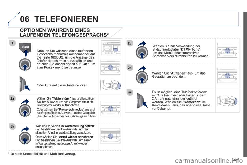 Peugeot 308 SW BL 2012.5 Betriebsanleitung (in German) 321
06TELEFONIEREN
OPTIONEN WÄHREND EINES
LAUFENDEN TELEFONGESPRÄCHS *
Drücken Sie während eines laufenden
Gesprächs mehrmals nacheinander auf die Ta ste MODUS , um die Anzeige des
Telefonb Peugeot 308 SW BL 2012.5 Betriebsanleitung (in German) 321
06TELEFONIEREN
OPTIONEN WÄHREND EINES
LAUFENDEN TELEFONGESPRÄCHS *
Drücken Sie während eines laufenden
Gesprächs mehrmals nacheinander auf die Ta ste MODUS , um die Anzeige des
Telefonb
