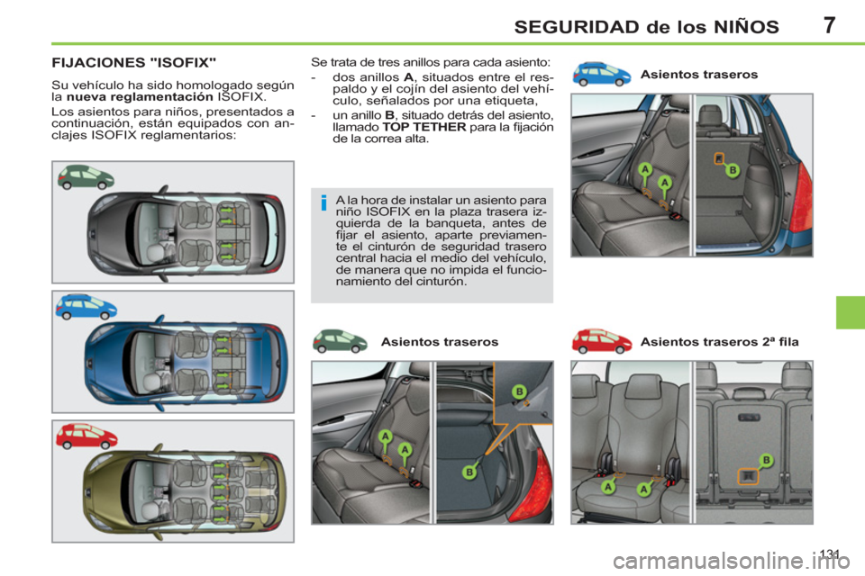Peugeot 308 SW BL 2012.5  Manual del propietario (in Spanish) 7
131
SEGURIDAD de los NIÑOS
FIJACIONES "ISOFIX"
  Su vehículo ha sido homologado según 
la  nueva reglamentación 
 ISOFIX. 
  Los asientos para niños, presentados a 
continuación, están equipa