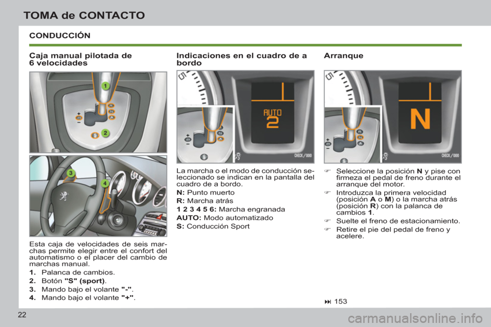 Peugeot 308 SW BL 2012.5  Manual del propietario (in Spanish) 22
TOMA de CONTACTO
  CONDUCCIÓN
 
Esta caja de velocidades de seis mar-
chas permite elegir entre el confort del 
automatismo o el placer del cambio de 
marchas manual. 
   
 
1. 
  Palanca de cambi