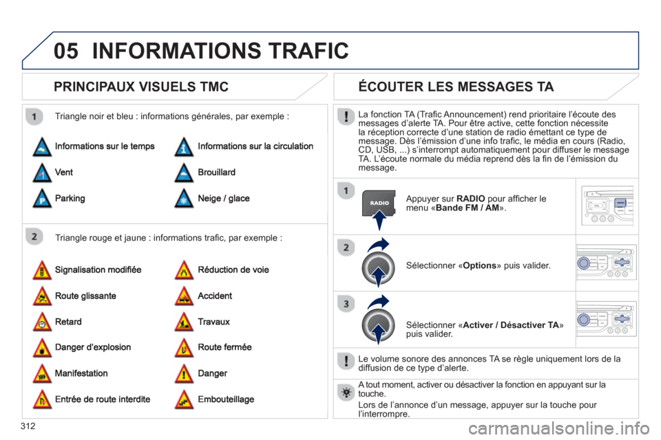 Peugeot 308 SW BL 2012.5 Manuel du propriétaire (in French) 312
05INFORMATIONS TRAFIC
PRINCIPAUX VISUELS TMC
Triangle rouge et jaune : informations trafi c, par exemple :
Trian
gle noir et bleu : informations gÈnÈrales, par exemple :
ÉCOUTER LES M Peugeot 308 SW BL 2012.5 Manuel du propriétaire (in French) 312
05INFORMATIONS TRAFIC
PRINCIPAUX VISUELS TMC
Triangle rouge et jaune : informations trafi c, par exemple :
Trian
gle noir et bleu : informations gÈnÈrales, par exemple :
ÉCOUTER LES M