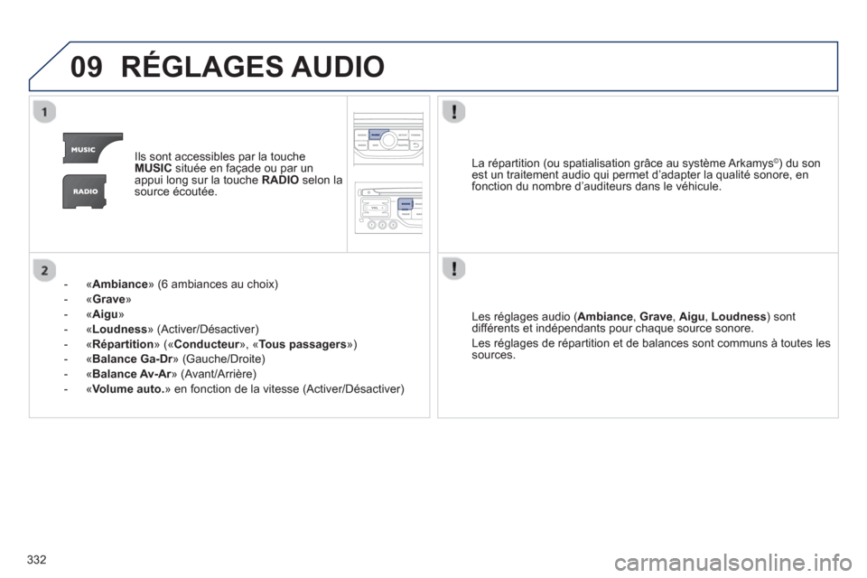 Peugeot 308 SW BL 2012.5  Manuel du propriétaire (in French) 332
09RÉGLAGES AUDIO 
Ils sont accessibles par la touche MUSICsituée en façade ou par unappui long sur la touche RADIOselon lasource écoutée.  
-  
« Ambiance 
» (6 ambiances au choix)
-  « 
G