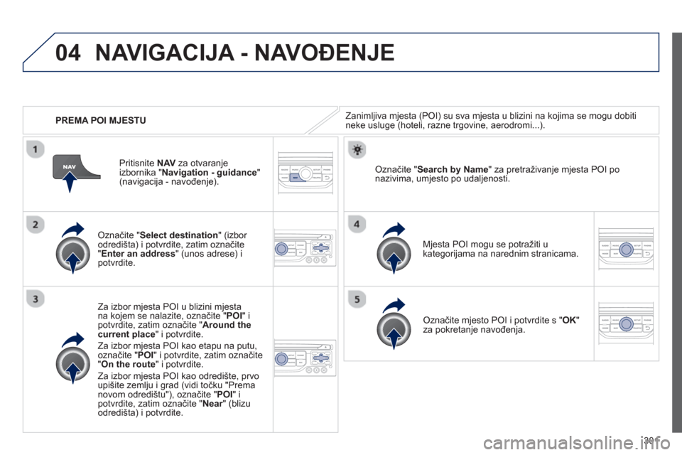 Peugeot 308 SW BL 2012.5 Vodič za korisnike (in Croatian) 301
04
PREMA POI MJESTU
NAVIGACIJA - NAVOĐENJE
Zanimljiva mjesta (POI) su sva mjesta u blizini na kojima se mogu dobiti neke usluge (hoteli, razne trgovine, aerodromi...).
Označite "Se Peugeot 308 SW BL 2012.5 Vodič za korisnike (in Croatian) 301
04
PREMA POI MJESTU
NAVIGACIJA - NAVOĐENJE
Zanimljiva mjesta (POI) su sva mjesta u blizini na kojima se mogu dobiti neke usluge (hoteli, razne trgovine, aerodromi...).
Označite "Se