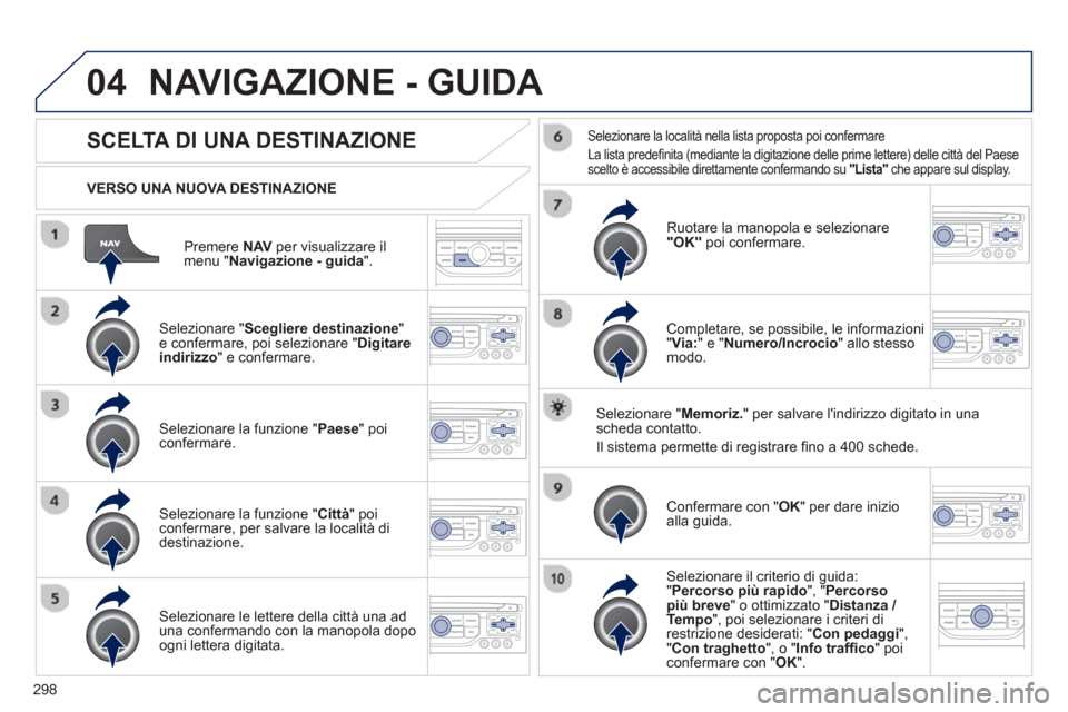 Peugeot 308 SW BL 2012.5 Manuale del proprietario (in Italian) 298
04
Premere NAV per visualizzare il
menu " Navigazione - guida".
VERSO UNA NUOVA DESTINAZIONE
NAVIGAZIONE - GUIDA
SCELTA DI UNA DESTINAZIONE
Selezionare "Scegliere destinazione
" e confer Peugeot 308 SW BL 2012.5 Manuale del proprietario (in Italian) 298
04
Premere NAV per visualizzare il
menu " Navigazione - guida".
VERSO UNA NUOVA DESTINAZIONE
NAVIGAZIONE - GUIDA
SCELTA DI UNA DESTINAZIONE
Selezionare "Scegliere destinazione
" e confer