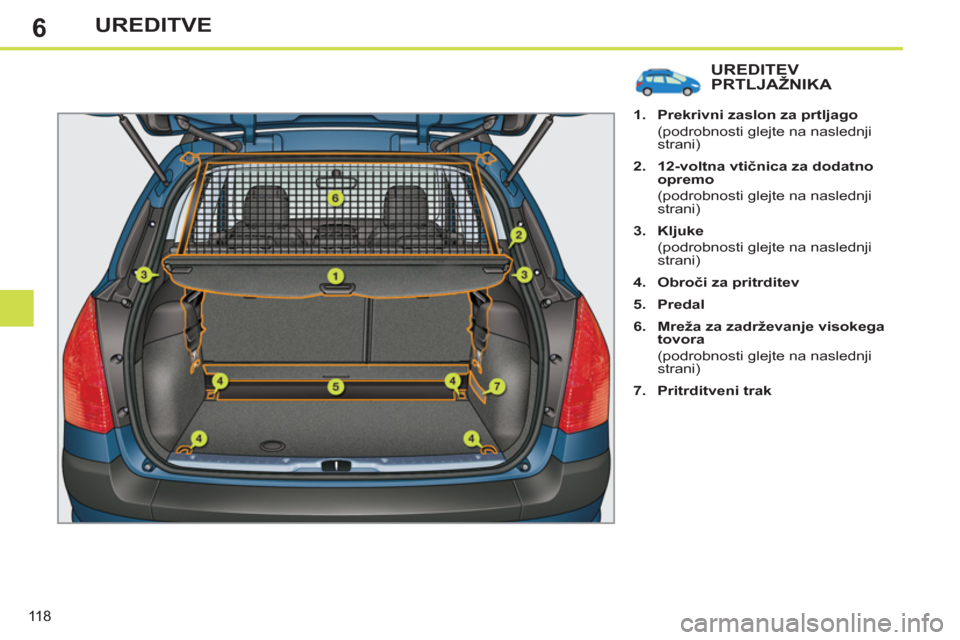 Peugeot 308 SW BL 2012.5  Priročnik za lastnika (in Slovenian) 6
118
UREDITVE
UREDITEVPRTLJAŽNIKA 
   
 
1. 
  Prekrivni zaslon za prtljago 
 
 
  (podrobnosti glejte na naslednji 
strani) 
   
2. 
  12-voltna vtičnica za dodatno 
opremo 
 
 
  (podrobnosti gle