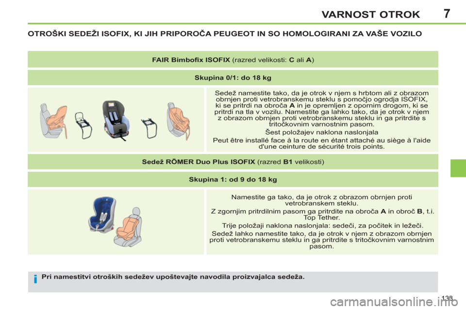 Peugeot 308 SW BL 2012.5  Priročnik za lastnika (in Slovenian) 7
133
VARNOST OTROK
   
Pri namestitvi otroških sedežev upoštevajte navodila proizvajalca sedeža. 
 
OTROŠKI SEDEŽI ISOFIX, KI JIH PRIPOROČA PEUGEOT IN SO HOMOLOGIRANI ZA VAŠE VOZILO
 
 
 
FAI