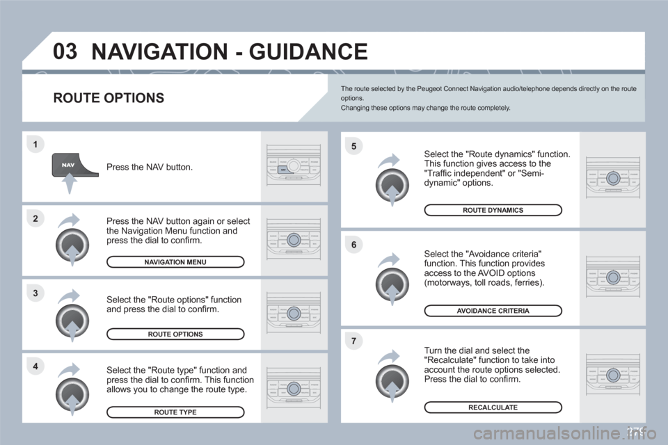 Peugeot 308 SW BL 2011  Owners Manual 279
4 3 2 1
7 6 5
03NAVIGATION - GUIDANCE 
   
ROUTE OPTIONS
 
 
Select the "Route dynamics" function.  
This function gives access to the"Trafﬁ c independent" or "Semi-dynamic" options.
 
 Select t