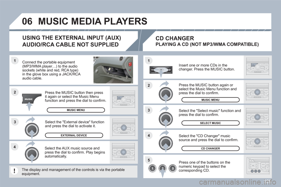 Peugeot 308 SW BL 2011 Owners Manual 289
3 1
2
06
1
4
2
3
5
4
Connect the portable equipment(MP3/WMA player…) to the audiosockets (white and red, RCA type) in the glove box using a JACK/RCA audio cable.
Press the MUSIC button then Peugeot 308 SW BL 2011 Owners Manual 289
3 1
2
06
1
4
2
3
5
4
Connect the portable equipment(MP3/WMA player…) to the audiosockets (white and red, RCA type) in the glove box using a JACK/RCA audio cable.
Press the MUSIC button then