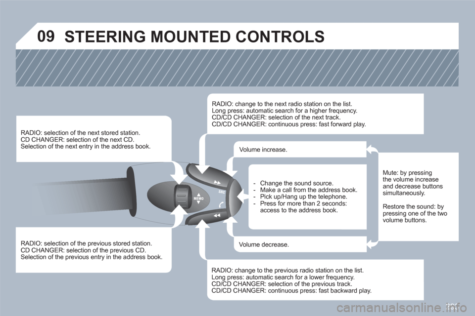 Peugeot 308 SW BL 2011  Owners Manual 293
09  STEERING MOUNTED CONTROLS
 
 
RADIO: selection of the previous stored station. 
CD CHANGER: selection of the previous CD.  Selection of the previous entry in the address book. 
RADIO: selectio