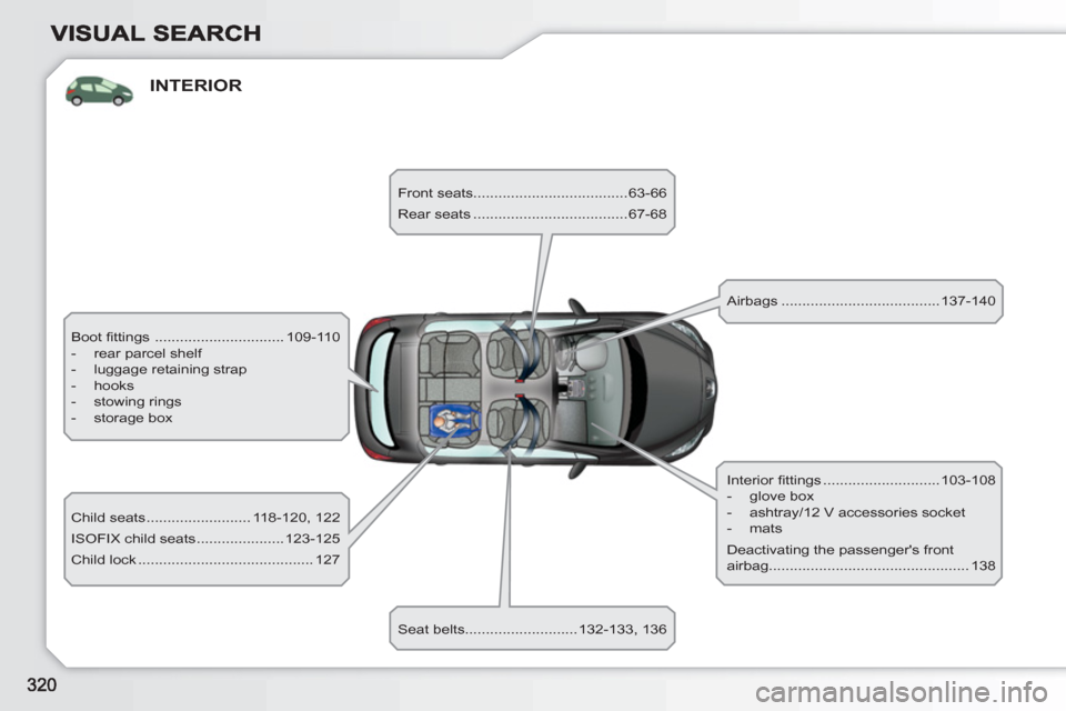 Peugeot 308 SW BL 2011  Owners Manual INTERIOR
  Boot ﬁ ttings  ............................... 109-110 
   
 
-   rear parcel shelf 
   
-   luggage retaining strap 
   
-  hooks 
   
-  stowing rings 
   
-  storage box  
  Child seat