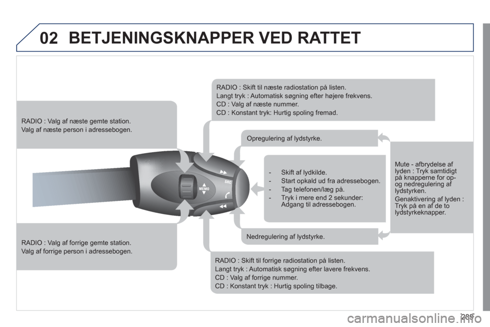 Peugeot 308 SW BL 2011  Instruktionsbog (in Danish) 289
02  BETJENINGSKNAPPER VED RATTET 
 
 
RADIO : Valg af forrige gemte station.
 
Va lg af forrige person i adressebogen.
 
 
 
RADIO : Valg af næste gemte station.
 
Va lg af næste person i adress