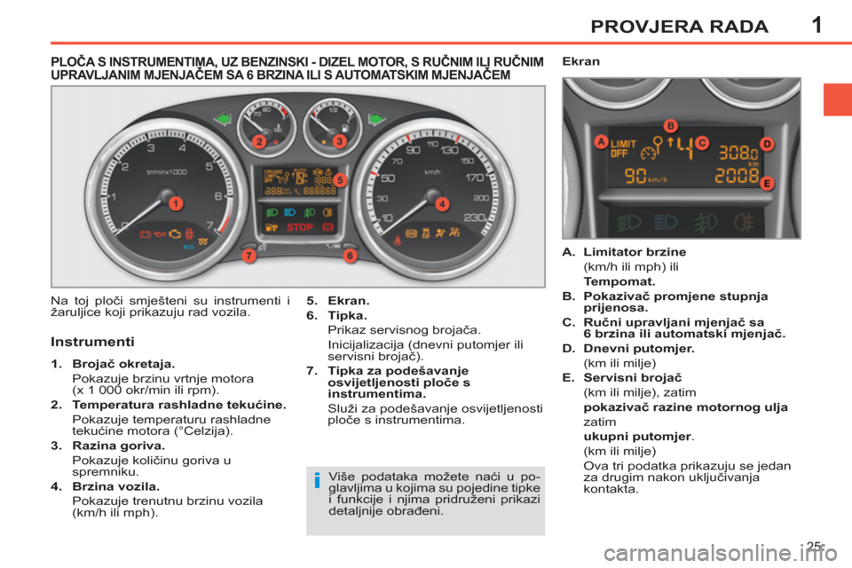 Peugeot 308 SW BL 2011 Vodič za korisnike (in Croatian) 1
i
25
PROVJERA RADA
PLOČA S INSTRUMENTIMA, UZ BENZINSKI - DIZEL MOTOR, S RUČNIM ILI RUČNIMUPRAVLJANIM MJENJAČEM SA 6 BRZINA ILI S AUTOMATSKIM MJENJAČEM ,,,,
Na toj ploči smješteni su instrum Peugeot 308 SW BL 2011 Vodič za korisnike (in Croatian) 1
i
25
PROVJERA RADA
PLOČA S INSTRUMENTIMA, UZ BENZINSKI - DIZEL MOTOR, S RUČNIM ILI RUČNIMUPRAVLJANIM MJENJAČEM SA 6 BRZINA ILI S AUTOMATSKIM MJENJAČEM ,,,,
Na toj ploči smješteni su instrum