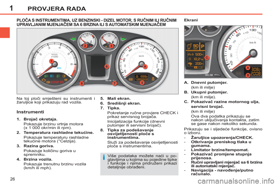 Peugeot 308 SW BL 2011 Vodič za korisnike (in Croatian) 1
i
26
PROVJERA RADA
PLOČA S INSTRUMENTIMA, UZ BENZINSKI - DIZEL MOTOR, S RUČNIM ILI RUČNIMUPRAVLJANIM MJENJAČEM SA 6 BRZINA ILI S AUTOMATSKIM MJENJAČEM ,,,,
Na toj ploči smješteni su instrum Peugeot 308 SW BL 2011 Vodič za korisnike (in Croatian) 1
i
26
PROVJERA RADA
PLOČA S INSTRUMENTIMA, UZ BENZINSKI - DIZEL MOTOR, S RUČNIM ILI RUČNIMUPRAVLJANIM MJENJAČEM SA 6 BRZINA ILI S AUTOMATSKIM MJENJAČEM ,,,,
Na toj ploči smješteni su instrum