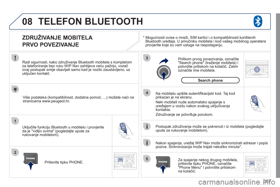 Peugeot 308 SW BL 2011  Vodič za korisnike (in Croatian) 307
08
1
2
3
5 4
*   
  Mogućnosti ovise o mreži, SIM kartici i o kompatibilnosti korištenih Bluetooth uređaja. U priručniku mobitela i kod va