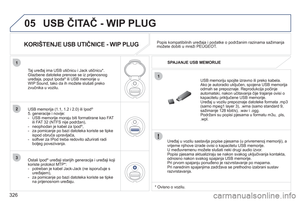Peugeot 308 SW BL 2011 Vodič za korisnike (in Croatian) 326
05
1
1
2
3
USB ČITAČ - WIP PLUG
Uređaj u vozilu sastavlja popise pjesama (u privremenoj memoriji), a
vrijeme njihove izrade ovisi o kapacitetu USB memorije.
U međuvremenu možete slu Peugeot 308 SW BL 2011 Vodič za korisnike (in Croatian) 326
05
1
1
2
3
USB ČITAČ - WIP PLUG
Uređaj u vozilu sastavlja popise pjesama (u privremenoj memoriji), a
vrijeme njihove izrade ovisi o kapacitetu USB memorije.
U međuvremenu možete slu