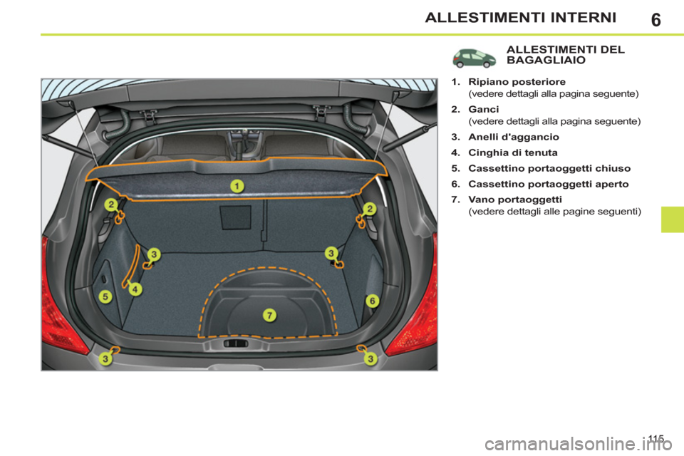Peugeot 308 SW BL 2011  Manuale del proprietario (in Italian) 6
11 5
ALLESTIMENTI INTERNI
   
 
 
 
 
 
 
 
 
 
 
 
 
 
 
 
 
ALLESTIMENTI DEL 
BAGAGLIAIO 
   
 
 
1. 
  Ripiano posteriore 
 
 
  (vedere dettagli alla pagina seguente) 
   
2. 
  Ganci 
 
 
  (ve