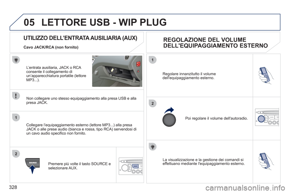 Peugeot 308 SW BL 2011  Manuale del proprietario (in Italian) 328
05
1
2
1
2
  La visualizzazione e la gestione dei comandi si 
effettuano mediante lequipaggiamento esterno.     Regolare innanzitutto il volume 
dellequipaggiamento esterno. 
  Poi regolare il v