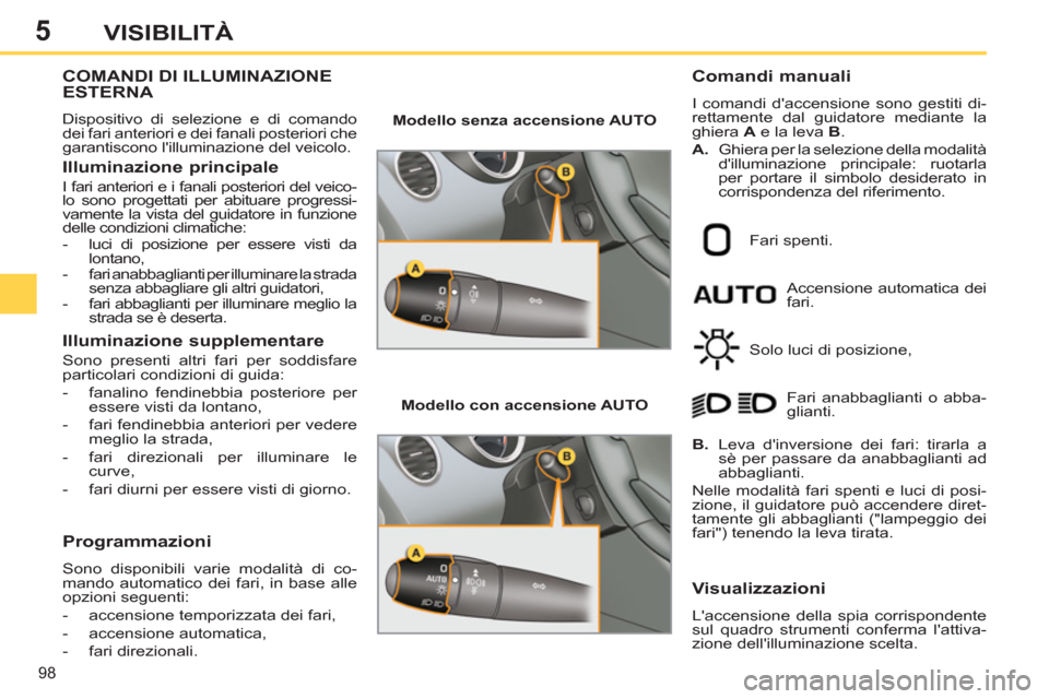 Peugeot 308 SW BL 2011 Manuale del proprietario (in Italian) 5
98
VISIBILITÀ
COMANDI DI ILLUMINAZIONE
ESTERNA
Dispositivo di selezione e di comando
dei fari anteriori e dei fanali posteriori che
garantiscono lilluminazione Peugeot 308 SW BL 2011 Manuale del proprietario (in Italian) 5
98
VISIBILITÀ
COMANDI DI ILLUMINAZIONE
ESTERNA
Dispositivo di selezione e di comando
dei fari anteriori e dei fanali posteriori che
garantiscono lilluminazione