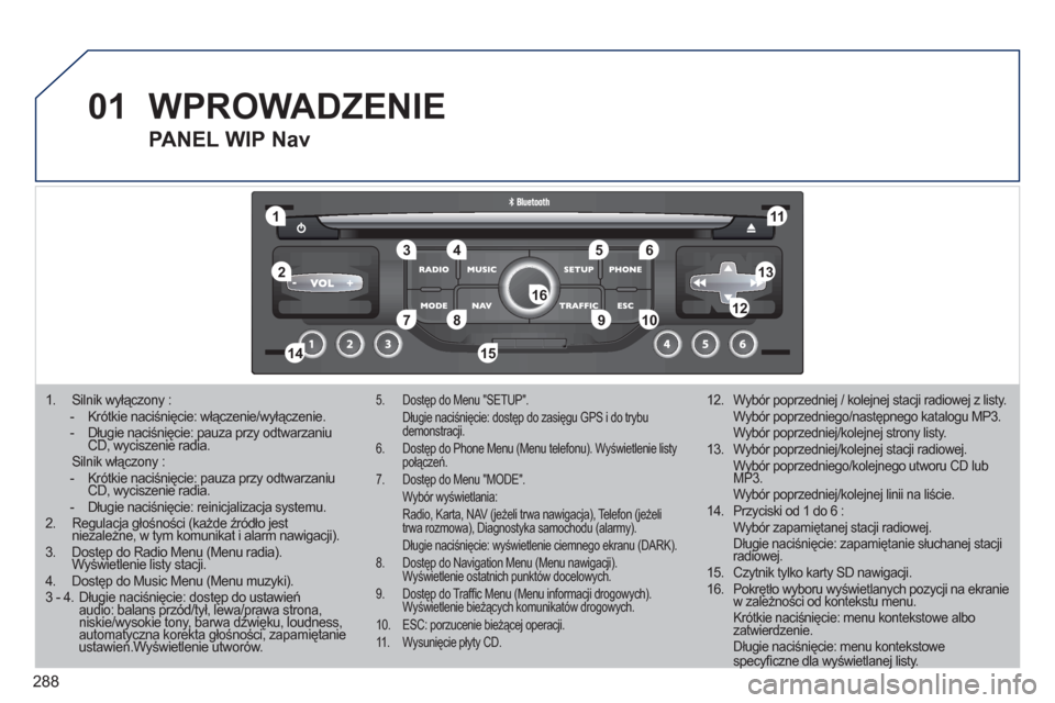 Peugeot 308 SW BL 2011  Instrukcja Obsługi (in Polish) 288
01
11
55
101
22
334466
131
111
99
144155
77881212161
1.  Silnik wyłączony :  - Krótkie naciśnięcie: włączenie/wyłączenie. - Długie naciśnięcie: pauza przy odtwarzaniuCD, wyciszenie rad
