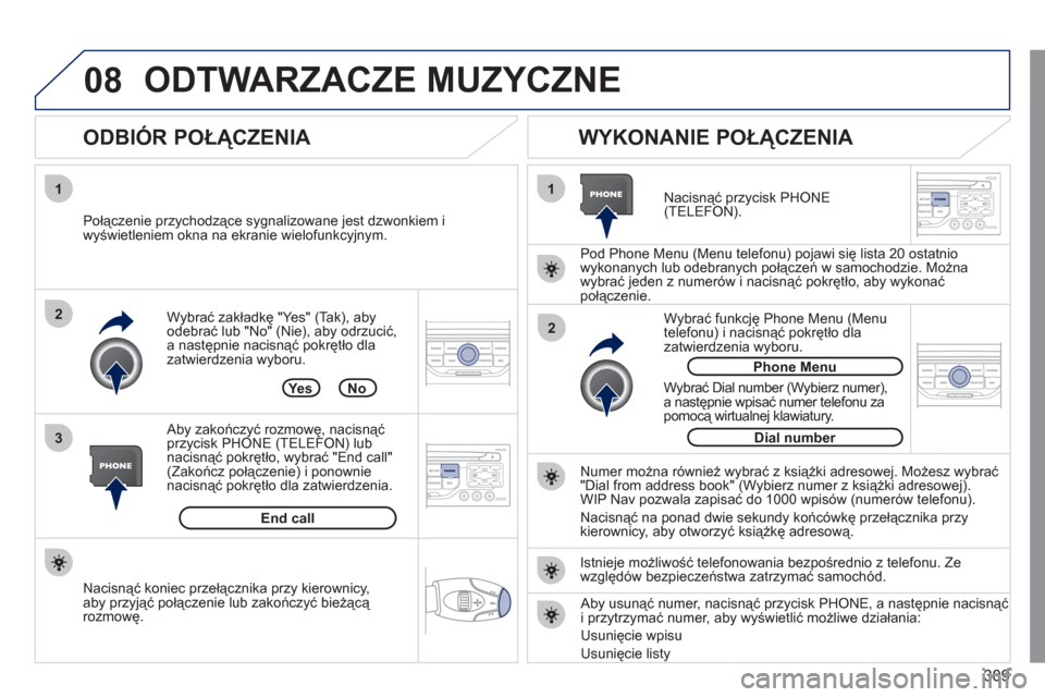 Peugeot 308 SW BL 2011  Instrukcja Obsługi (in Polish) 309
08
1
3 2
2 1
End call  
Yes No  
  Wybrać zakładkę "Yes" 
(Ta k), aby
odebrać lub "No" (Nie), aby odrzucić, a następnie nacisnąć pokrętło dla zatwierdzenia wyboru. 
 
 
ODBIÓR POŁĄCZE